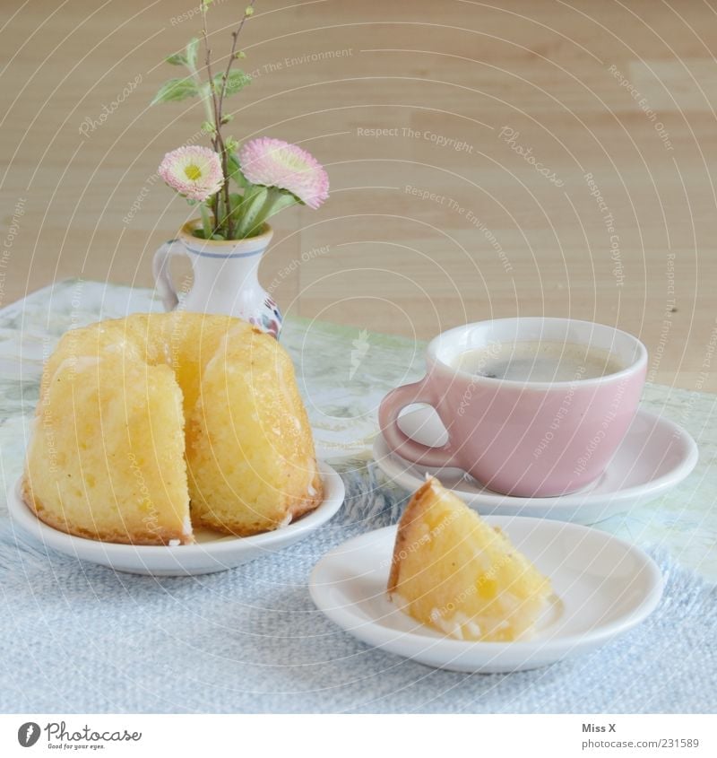Sonntagstisch Lebensmittel Kuchen Ernährung Kaffeetrinken Heißgetränk Geschirr Teller Tasse Blume klein lecker süß Miniatur Kaffeetasse Gugelhupf Blumenvase