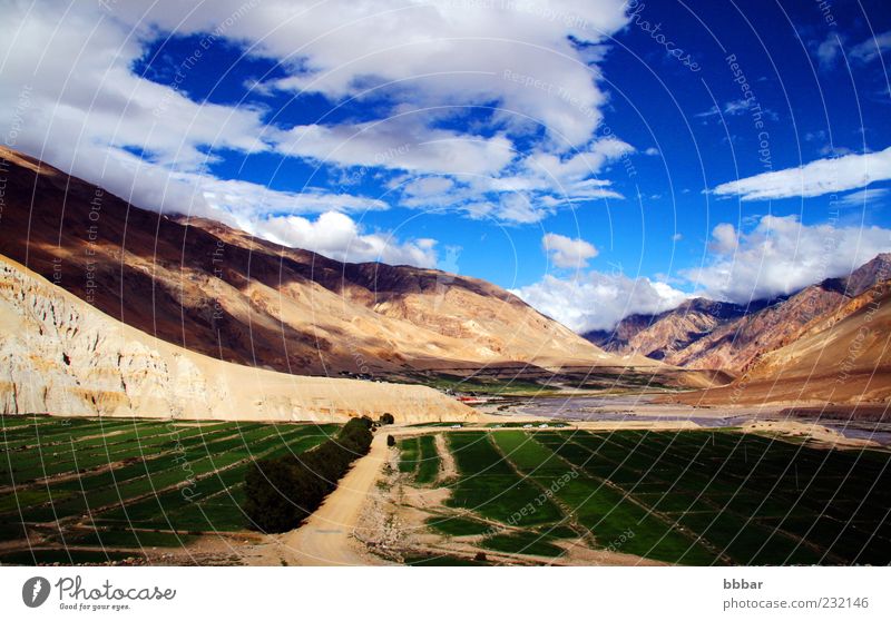 Landschaft der Felder und Berge Ferien & Urlaub & Reisen Tourismus Sommer Berge u. Gebirge Natur Himmel Wolken Wiese Hügel hoch wild grün Tibet China Trekking
