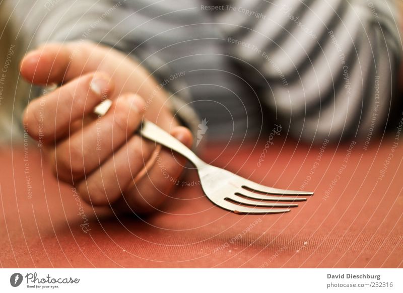 In Lauerstellung Ernährung Mensch Hand Finger 1 rot Gabel leer warten Appetit & Hunger Magenknurren Tisch festhalten greifen Besteck Metall Farbfoto