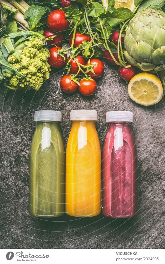 Bunte Smoothie Flaschen Lebensmittel Gemüse Frucht Getränk Erfrischungsgetränk Limonade Saft Stil Design Gesundheit Gesunde Ernährung gelb Milchshake