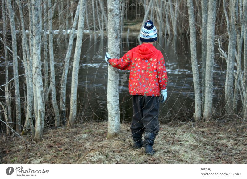 Lass mich hier bleiben. Kind 1 Mensch 8-13 Jahre Kindheit Natur Wasser Baum Wildpflanze Fluss entdecken genießen hören Blick stehen einfach Neugier grau rot