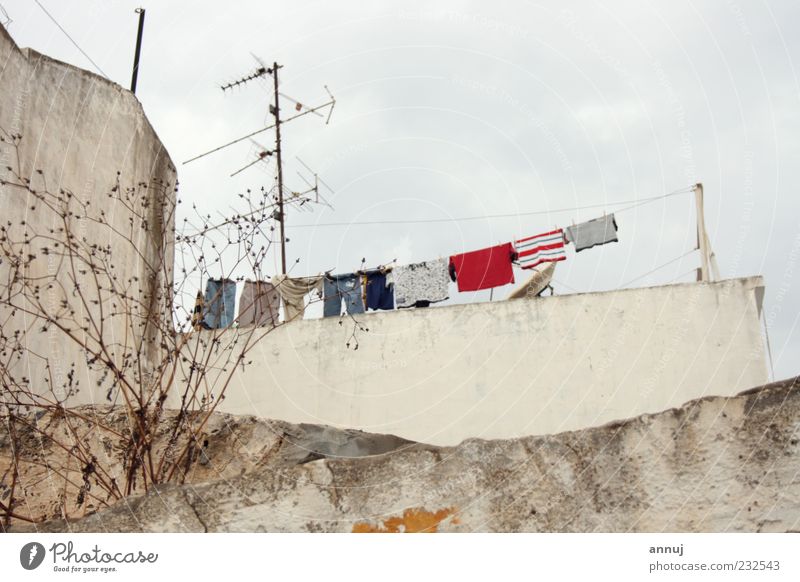 Aufstellen Tunesien Kleinstadt Haus Bauwerk Mauer Wand Dach grau rot weiß Gelassenheit Leben Farbfoto Menschenleer Tag Schatten