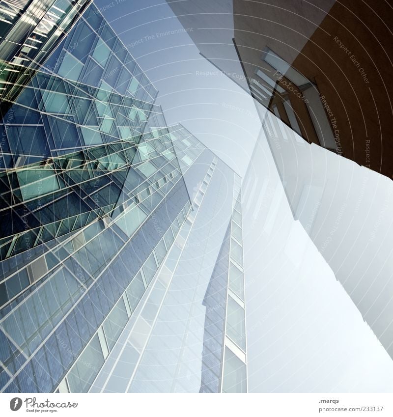 Banking Bankgebäude Gebäude Architektur Fassade groß hoch Perspektive Zukunft himmelwärts Doppelbelichtung Farbfoto Außenaufnahme abstrakt Menschenleer