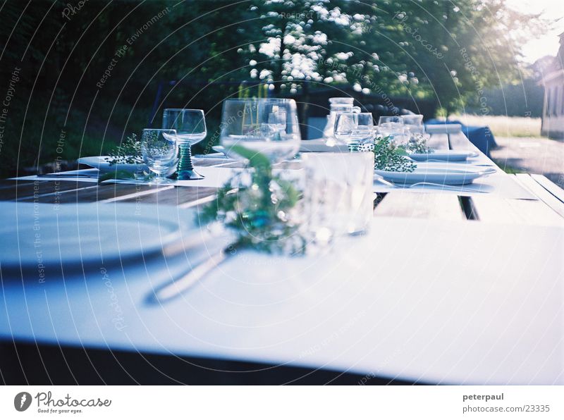 Tafelfreuden Tisch Weinglas Gedeck Sommerabend Waldrand Gegenlicht Ernährung Außenaufnahme