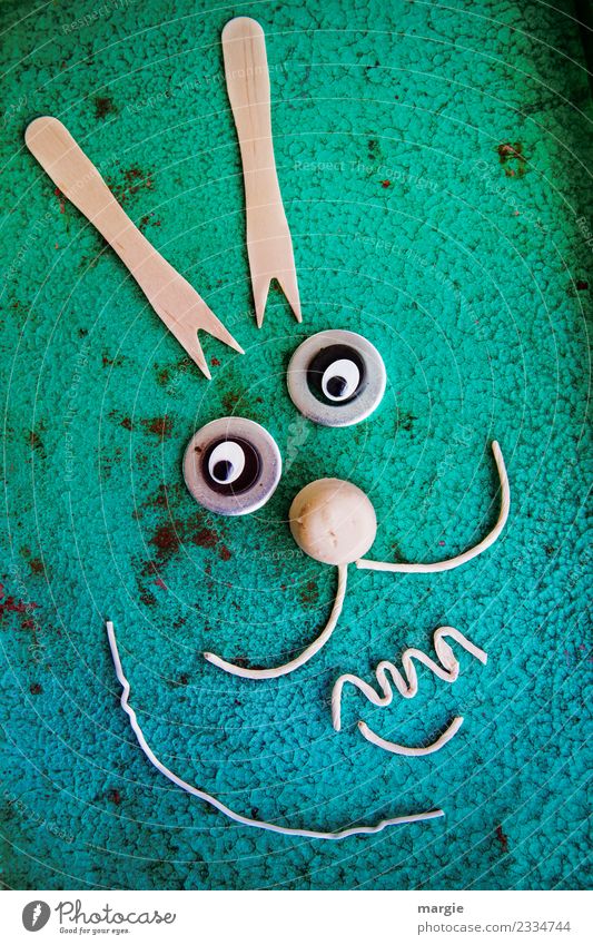Emotionen...coole Gesichter: Collage Osterhase III Feste & Feiern Tier Haustier Nutztier Wildtier 1 grün türkis weiß Gefühle Hase & Kaninchen Ostern Auge Löffel