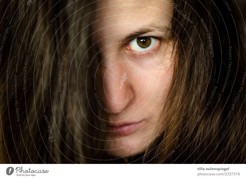 Greepy Haare & Frisuren feminin Junge Frau Jugendliche Erwachsene Auge 1 Mensch 18-30 Jahre schwarzhaarig brünett langhaarig beobachten dunkel gruselig nah
