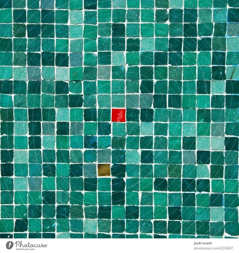 kleines Rotes im Quadrat Kunsthandwerk Straßenkunst Wand Ornament Linie eckig viele grün rot Stimmung Mittelpunkt Mosaik Farbenspiel Oberfläche Anordnung Fuge