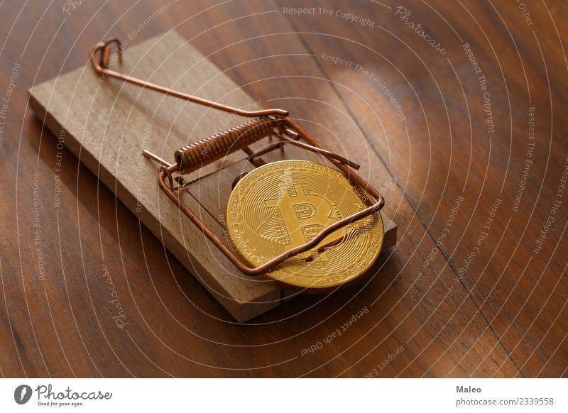 Bitcoin Kryptowährung Falle Geldmünzen physisch digital elektronisch Handel virtuell Gold Markt Internet Geldinstitut Symbole & Metaphern finanziell