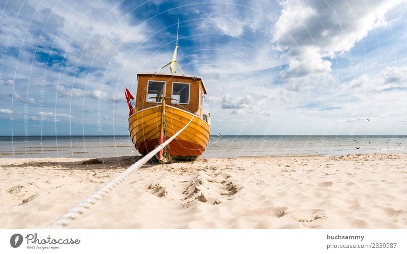 Fischerboot am Ostseestrand Strand Meer Seil Sand Wolken Wasserfahrzeug träumen Vorfreude Europa Fischereiwirtschaft Himmel Möwe Sandstrand Sonnenschein Tau