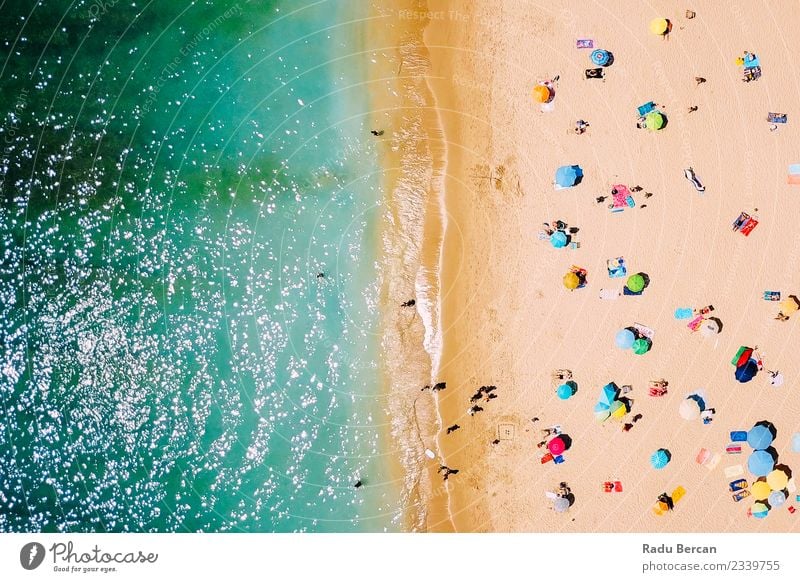 Luftaufnahme von Menschen, die sich am Strand in Portugal entspannen. Ferien & Urlaub & Reisen Ausflug Abenteuer Sommer Sommerurlaub Sonne Sonnenbad Meer Insel