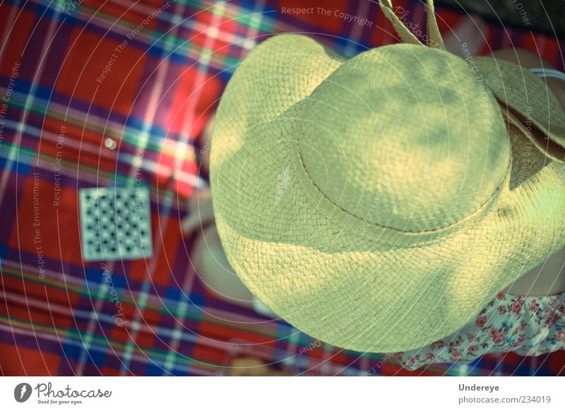 Schach 1 Mensch berühren genießen Hut kariert Picknick rot blau gelb Trinkhalm Freizeit & Hobby Tag Sommer Farbfoto Außenaufnahme Licht Schatten