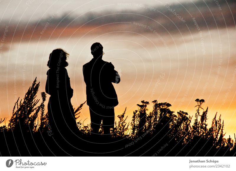 Paar schaut vor Himmel mit Sonnenuntergang Mensch Eltern Erwachsene Partner Senior 2 45-60 Jahre Natur Landschaft ästhetisch Zufriedenheit Lebensfreude Mut