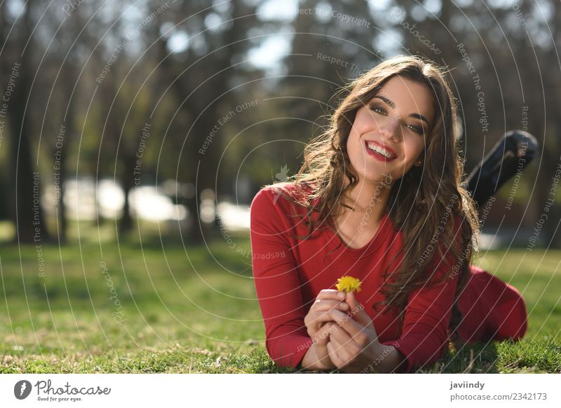 junge Frau ruht im Park und lächelt mit einem Löwenzahn. Lifestyle schön Haare & Frisuren Mensch feminin Junge Frau Jugendliche Erwachsene 1 18-30 Jahre Natur