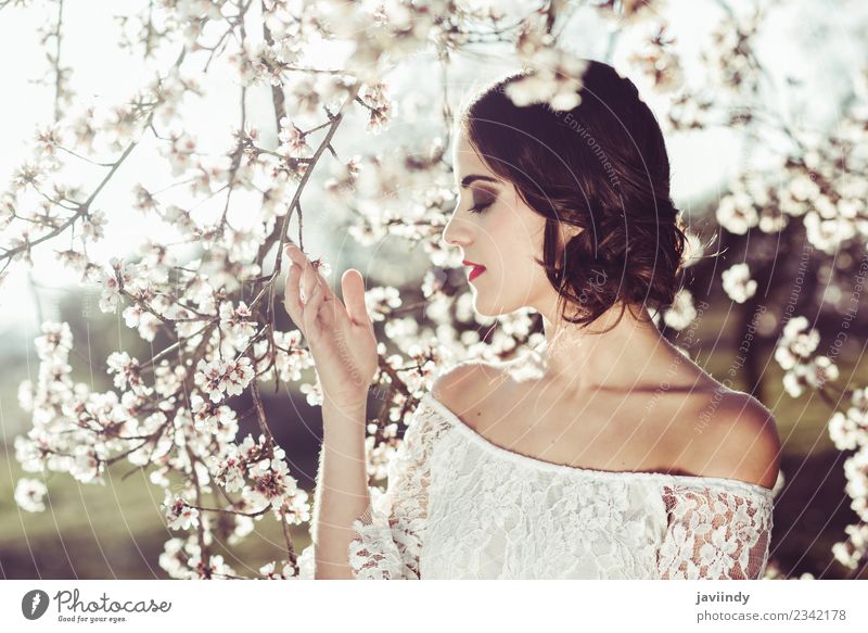 Junge Frau, die im Frühjahr Mandelblüten riecht. Stil Glück schön Haare & Frisuren Gesicht Mensch Erwachsene Natur Baum Blume Blüte Park Mode Kleid brünett rosa