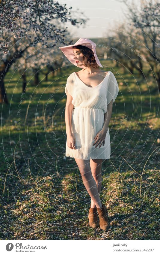 Junge Frau auf einem mandelblühenden Feld im Frühjahr Stil Glück schön Haare & Frisuren Gesicht Mensch feminin Jugendliche Erwachsene 1 18-30 Jahre Natur Baum