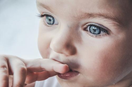 Kindergesicht in Denkerpose schön Gesicht Sinnesorgane Kindererziehung Mensch Kleinkind Junge Kindheit Auge Nase Finger 1 1-3 Jahre beobachten berühren Bewegung