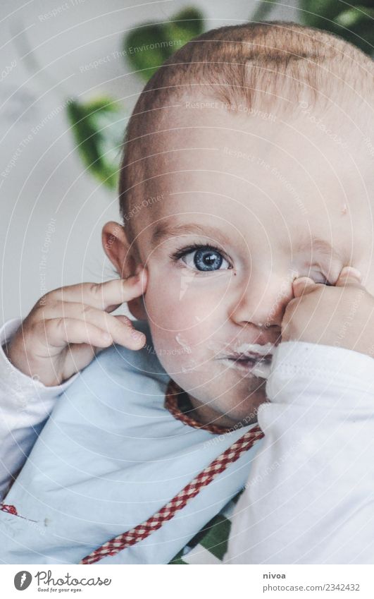 Baby greift sich ins Auge Joghurt Brei Kindererziehung Mensch maskulin Junge Gesicht 1 0-12 Monate Mauer Wand Pullover Lätzchen beobachten berühren Bewegung