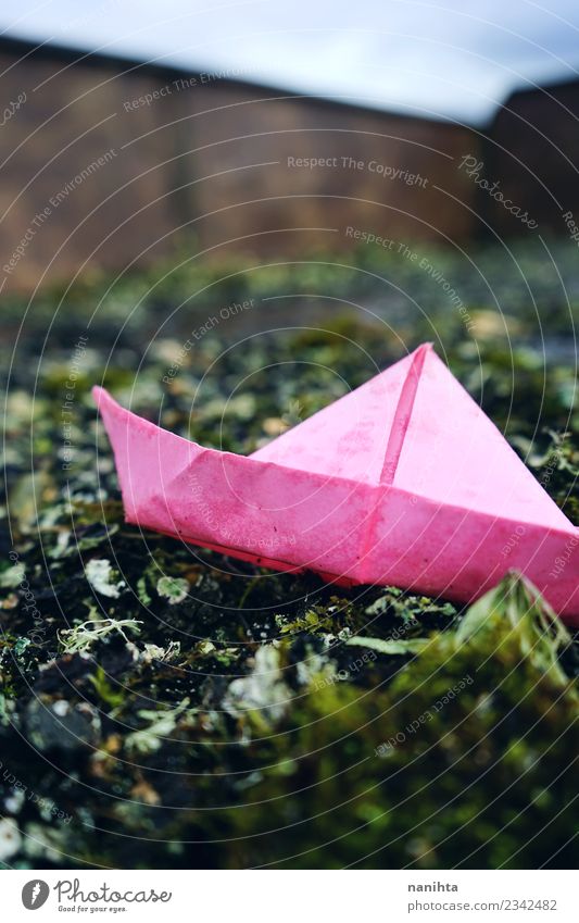 Rosa Papierboot in einem Meer aus Moos Freizeit & Hobby Spielen Kinderspiel Origami Kunsthandwerk Umwelt Natur Pflanze Schönes Wetter Verkehr Schifffahrt