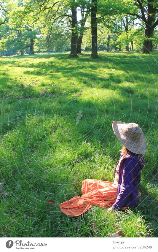 Frau mit Rock und Sonnenhut genießt die wärmenden Sonnenstrahlen in einem Park mit Bäumen Junge Frau frau Natur Frühling feminin Glück 1 Sommer Schönes Wetter