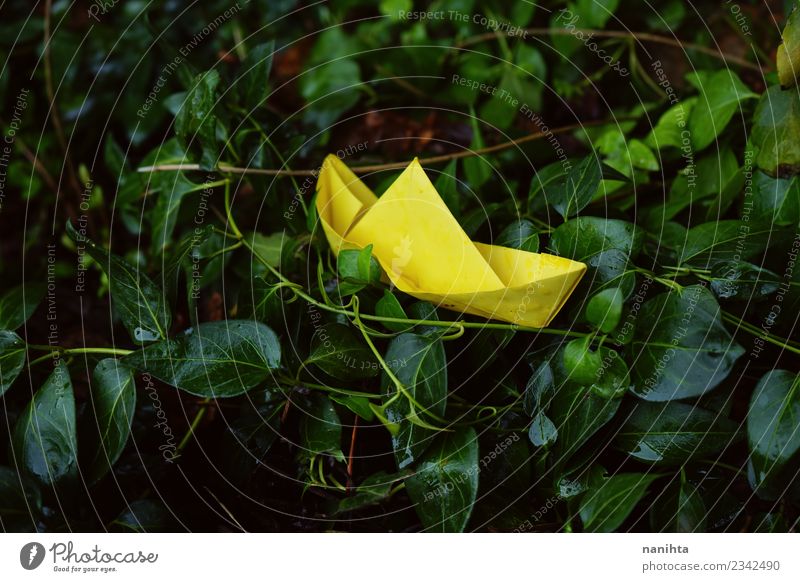 Gelbes Papierboot in einem Meer aus grünen Blättern Freizeit & Hobby Spielen Ferien & Urlaub & Reisen Ausflug Abenteuer Umwelt Natur Pflanze Wassertropfen Regen