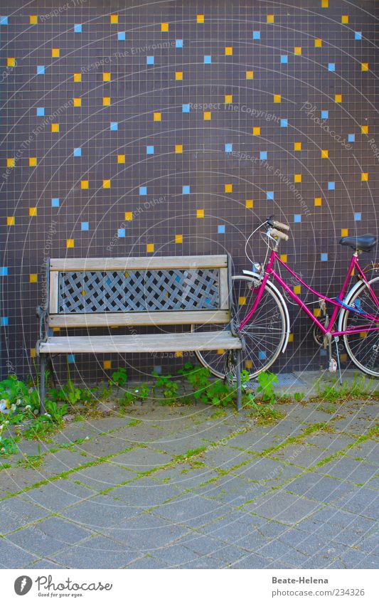 Treffpunkt Sommer Mauer Wand Fahrrad Beton Erholung retro blau gelb grau grün rosa Gefühle Warmherzigkeit Gelassenheit ruhig stagnierend Stimmung Ruhepunkt