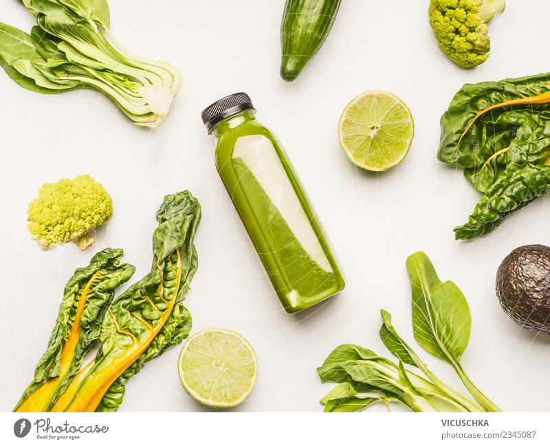GrüneSmoothie Flasche miz Zutaten Lebensmittel Gemüse Frucht Ernährung Bioprodukte Vegetarische Ernährung Diät Getränk Erfrischungsgetränk Saft Lifestyle Stil