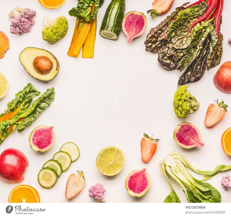 Frische Sommer Obst und Gemüse Rahmen Lebensmittel Frucht Apfel Orange Ernährung Bioprodukte Vegetarische Ernährung Diät kaufen Stil Design Gesundheit