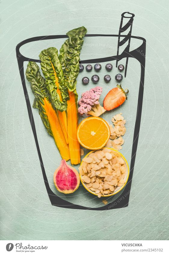 Gesundes Smoothie Getränk Zutaten Lebensmittel Gemüse Frucht Erfrischungsgetränk Saft Stil Design Gesunde Ernährung Häusliches Leben gelb rosa Brokkoli Vitamin