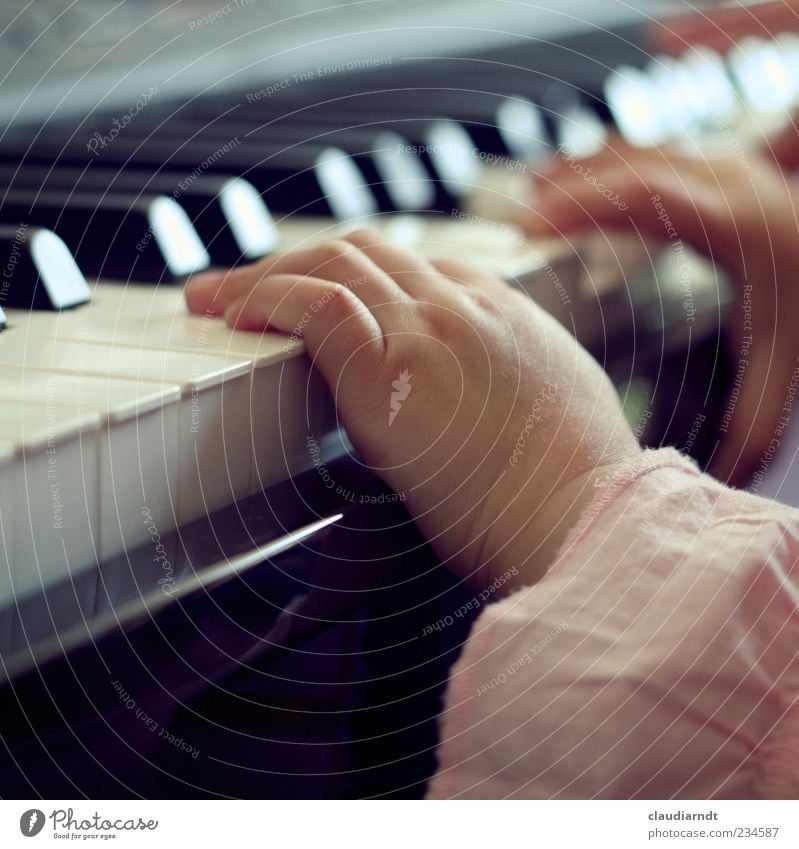 Hannah | No. 200! Spielen Mensch Kind Mädchen Kindheit Hand Finger 1 1-3 Jahre Kleinkind Musik Klavier Bluse klein rosa schwarz weiß Freude entdecken Versuch