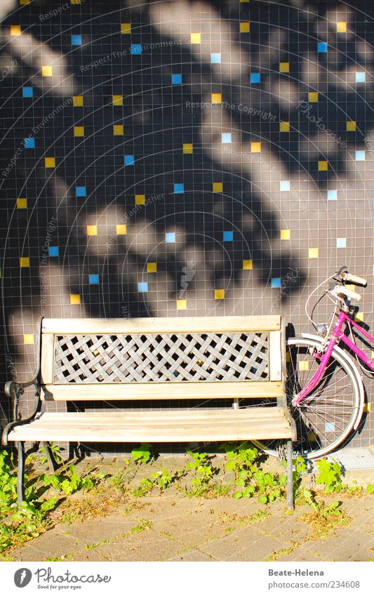 Treffpunkt im Halbschatten Umwelt Schönes Wetter Haus Mauer Wand Verkehrsmittel Fahrrad beobachten festhalten blau gelb grau grün rosa Schutz Pause Ruhepunkt