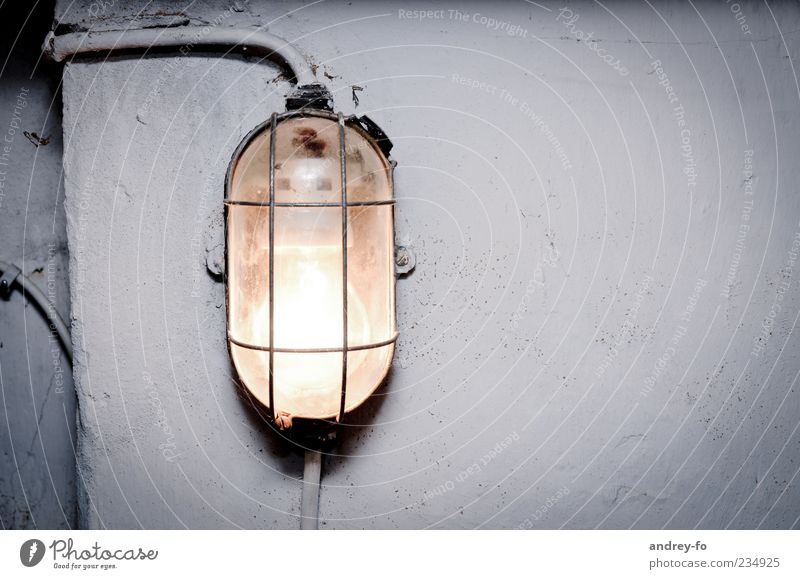 Kellerlampe Mauer Wand Beton Glas gruselig grau kalt Lampe Lampenlicht Bunker Oval weiß feucht Kellerwand Kabel Elektrizität elektrisch Glühbirne Licht dunkel