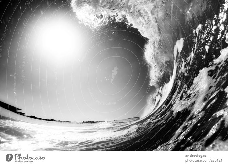 Drehen Sie den schwarzen Kreis Natur Wasser Lebensfreude Wellen Strand Schwarzweißfoto Unterwasseraufnahme Menschenleer Textfreiraum links Tag Fischauge