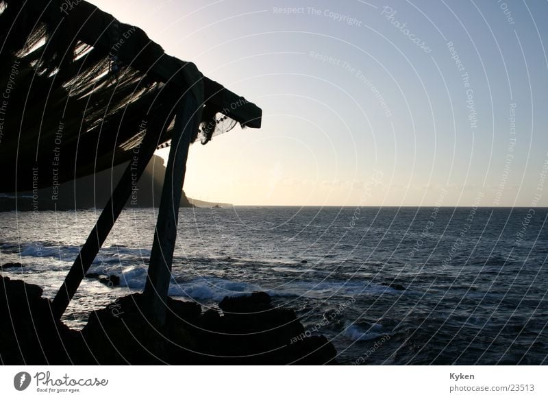 Schöne Aussicht Meer Dämmerung Fischernetz Holz Strebe Vordach Romantik Europa Wasser Balken Himmel