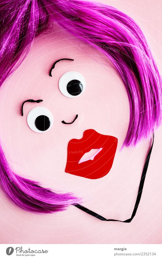Emotionen...coole Gesichter: Frauengesicht mit rot geschminkten Mund Mensch feminin Erwachsene Haare & Frisuren Auge 1 Kunst kurzhaarig Perücke Scheitel violett