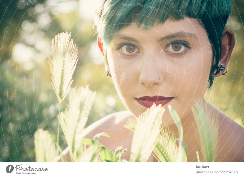 Grüne Sommer Stimmung Freude schön Haut Gesicht Kosmetik Schminke Lippenstift Junge Frau Jugendliche Umwelt Natur Pflanze Weizenfeld Weizenähre Mode Ohrringe