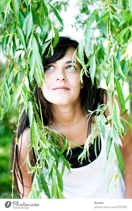 Eva im Paradies Freude Mensch feminin Junge Frau Jugendliche Erwachsene Leben Kopf Auge Nase 1 18-30 Jahre Natur Pflanze Blatt schwarzhaarig frech Fröhlichkeit