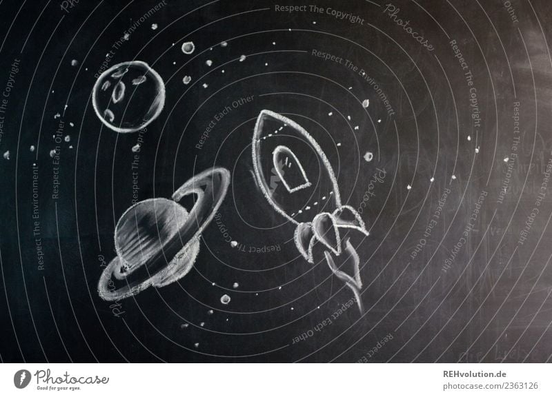 Weltall - Zeichnung auf einer Tafel Rakete fliegen Kreide Kreativität gemalt Idee Space Shuttle Mond Kunst Freiheit neu forschen entdecken Zukunft