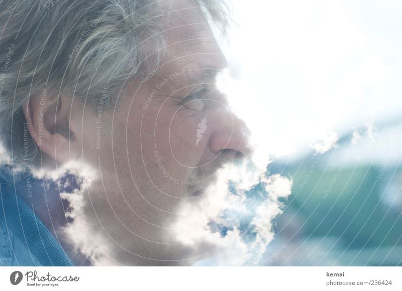 Der liebe Gott Mensch maskulin Mann Erwachsene Leben Kopf Auge Ohr Nase 1 45-60 Jahre Wolken Schönes Wetter hell Doppelbelichtung Rauch Haare & Frisuren