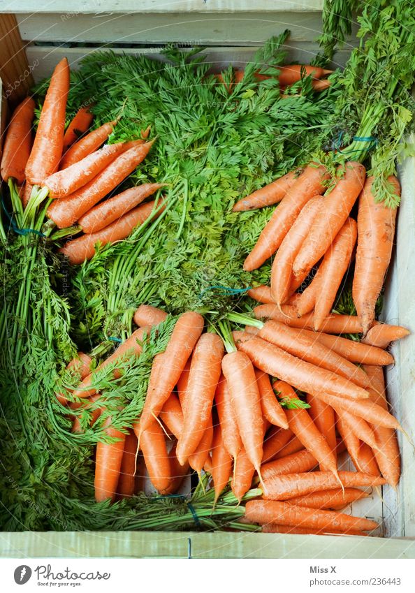 Karottenkiste Lebensmittel Gemüse Ernährung Bioprodukte Vegetarische Ernährung frisch lecker grün Möhre Wochenmarkt Kiste Gemüseladen Gemüsemarkt Marktstand