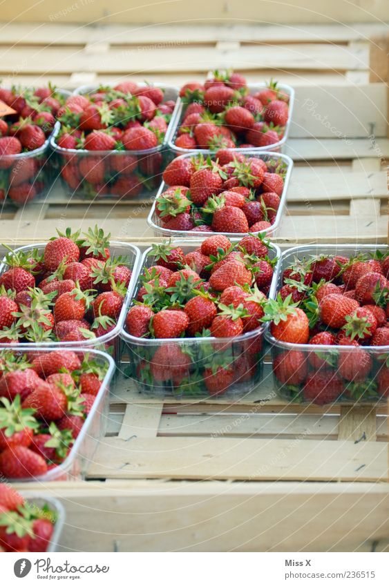Erdbeeren Frucht Ernährung Bioprodukte frisch lecker rot Beeren Schalen & Schüsseln Wochenmarkt Obst- oder Gemüsestand Gemüsemarkt Marktstand Farbfoto
