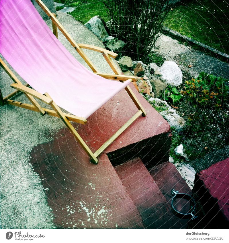Liegestuhl Erholung Sommer Garten grün rosa Treppe Holz Sträucher Ruhemöbel Farbfoto mehrfarbig Außenaufnahme Tag Menschenleer vergilbt 1 Vogelperspektive