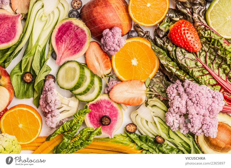 Bunter Obst- und Gemüse Hintergrund Lebensmittel Frucht Apfel Orange Ernährung Bioprodukte Vegetarische Ernährung Diät kaufen Stil Design Gesundheit