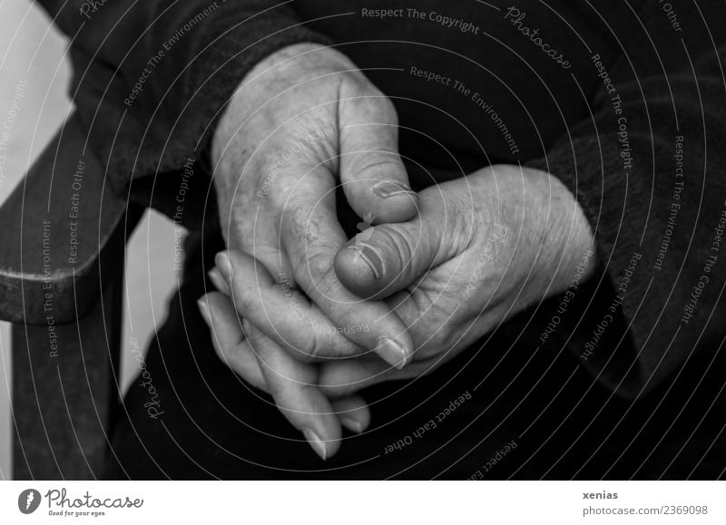 Hände in Rente - gefaltete Hände in Schwarz-Weiß Finger Hand Mann maskulin Männlicher Senior 45-60 Jahre Erwachsene 60 und älter Holz sitzen warten ruhig