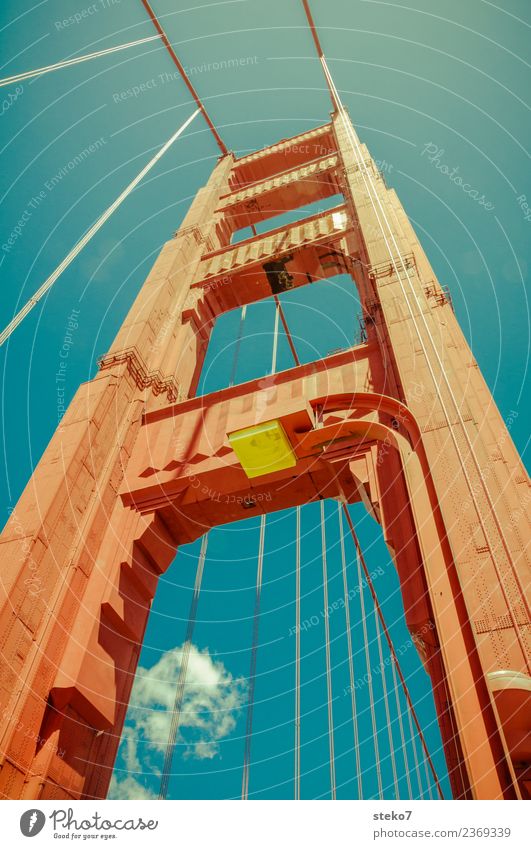 standing tall Los Angeles Wahrzeichen Golden Gate Bridge Bekanntheit groß hoch Stadt blau orange modern Perspektive Schwerpunkt Symmetrie Tourismus
