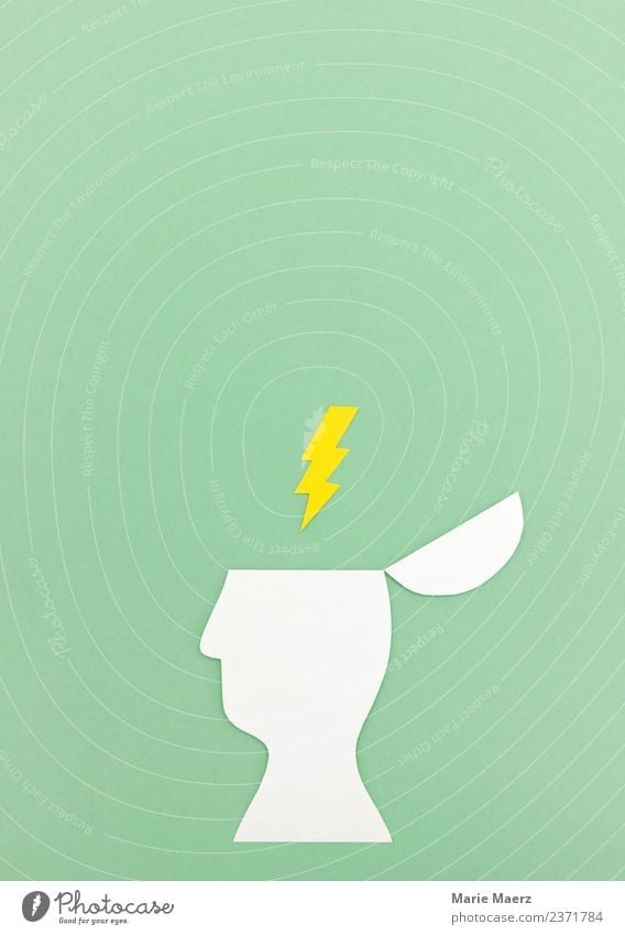 Gedankenblitz - Kopf Silhouette mit Blitz Symbol Bildung Wissenschaften lernen Arbeit & Erwerbstätigkeit 1 Mensch Denken entdecken einfach neu grün Neugier