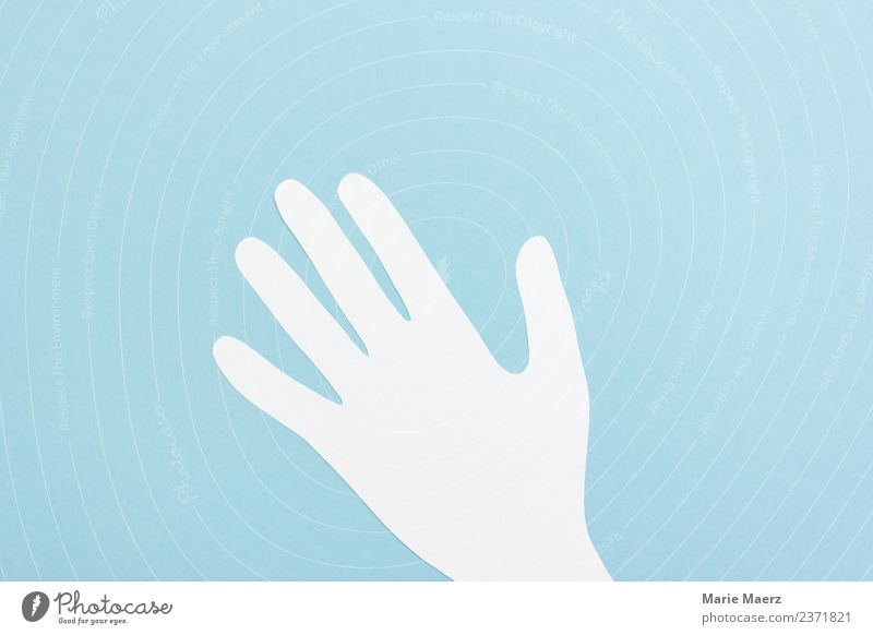 Hand-Silhouette aus Papier Kommunizieren Freundlichkeit blau weiß Mut Hilfsbereitschaft winken melden Zeichen Signal gestikulieren mitmachen Farbfoto