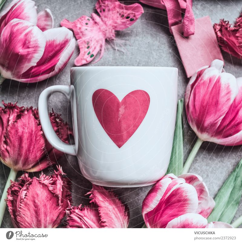 Weiße Tasse mit Herz und rosa Tulpen Getränk Stil Design Feste & Feiern Valentinstag Muttertag Geburtstag Pflanze Blume Dekoration & Verzierung Blumenstrauß