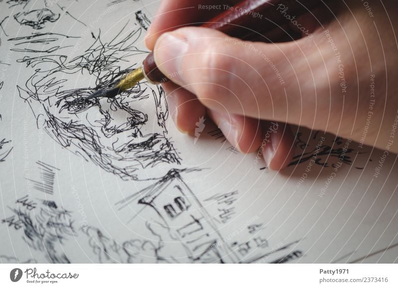 Kritzelgesicht Hand 1 Mensch Kunst Künstler Maler Kunstwerk Gemälde Zeichnung Porträt Gesicht Tusche Tinte Schreibfeder zeichnen ästhetisch bizarr chaotisch