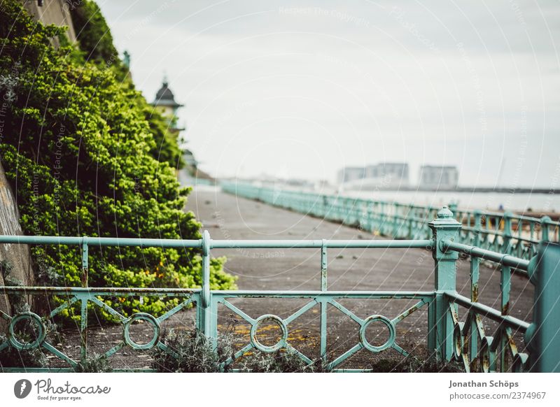 Strandpromenade Küste Brighton Torbögen Bögen Stadtrand wohnen England trüb Geländer türkis Mauer wall Schwache Tiefenschärfe spazieren Metall grün begrünt