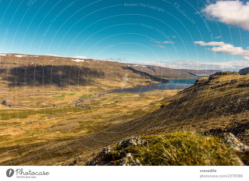 Island VIII Fjord Ringstrasse Berge u. Gebirge Lava grün Panorama (Aussicht) Panorama (Bildformat) wandern Ferne Meer Atlantik Wasser Felsen Schönes Wetter